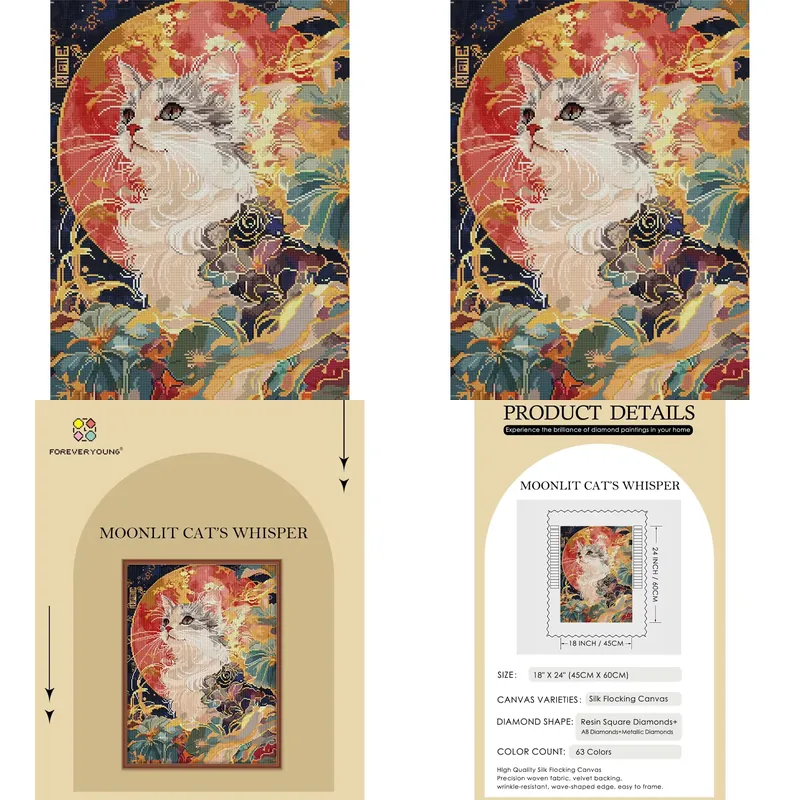 School Of Art X Craft - 「永遠に若々しい」5D DIY ダイヤモンドペイントキット。月明かりの下で囁く猫の絵柄。大人向けのアートクラフトに最適な、全面スクエアデザイン。ABパール使用。サイズ：45cm x